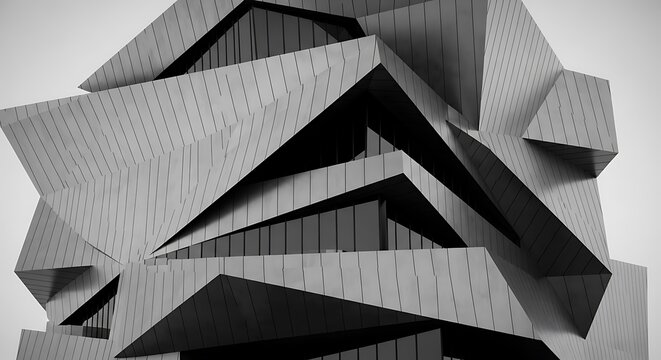 An abstract, geometrically complex modern building facade composed of overlapping angular metallic panels and dark glass windows