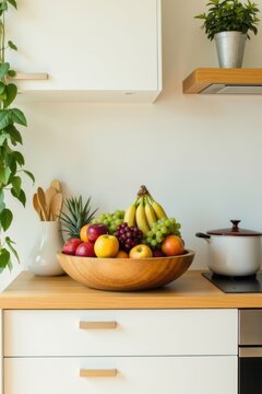 Encimera de cocina con frutero de madera y electrodom&eacute;sticos minimalistas, vertical, paleta de colores madera clara