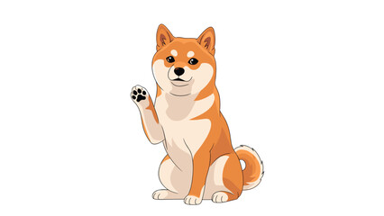 Fototapeta premium Friendly orange Shiba Inu dog sitting and raising one paw in a waving gesture on a clean white background.