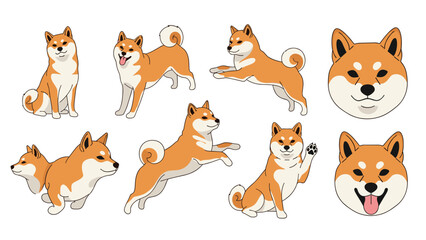 Fototapeta premium Collection of seven illustrations of a Shiba Inu dog in various playful poses such as sitting and jumping.