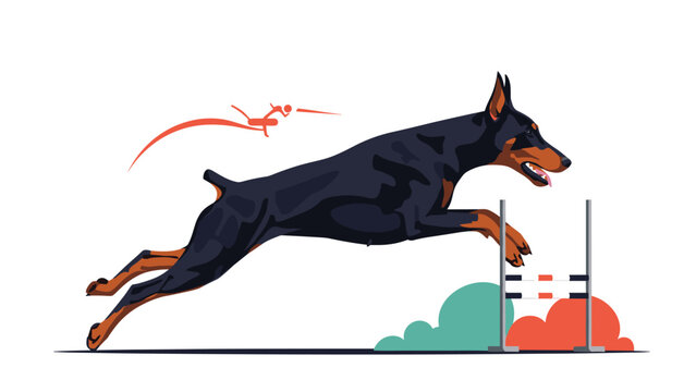 Dynamic illustration of a Doberman Pinscher jumping over a hurdle during an agility competition with motion trails.
