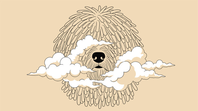 Puli or komondor dog head with long corded hair floating amidst soft white clouds on a tan background in a creative style.