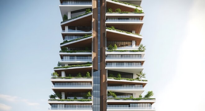 Low perspective of a striking modern high-rise residential building, showcasing innovative architecture with lush green balconies, harmonizing urban living and natural elements