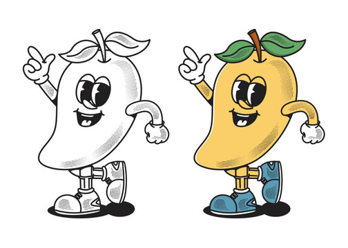 Retro mango mascot character in two styles, vibrant color and classic line art. A fun vintage-inspired design perfect for streetwear, stickers, and apparel branding