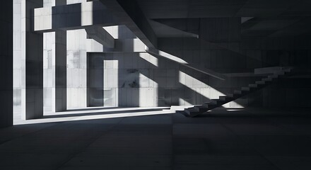 Fototapeta premium Dramatic interplay of light and shadow within an abstract concrete hall, highlighting modern architectural design and raw material textures, evoking a sense of minimalist grandeur and spatial depth