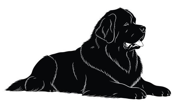 Black silhouette of a large newfoundland dog lying down calmly on a white background with detailed fur textures visible.