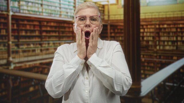 Woman with hands on cheeks and mouth open among tall bookshelves in library; astonishment discovery.