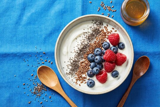 Healthy Skyr Bowl with Chia and Flax Seeds for Gut Health on Blue Fabric