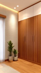 A modern interior showcasing a wooden wardrobe with potted plants in a well-lit room