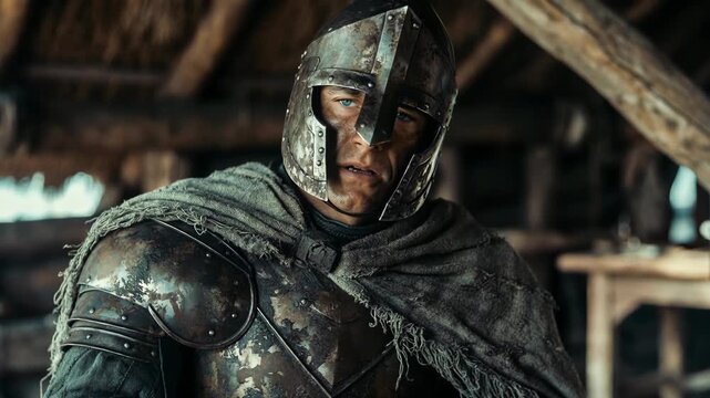 A medieval warrior in worn armor inside a wooden hut, cinematic style on rustic background, concept of courage and endurance
