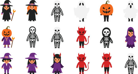 Naklejka premium Halloween characters set with witches, skeletons, ghosts, pumpkins and devils in spooky costumes cartoon vector illustration collection