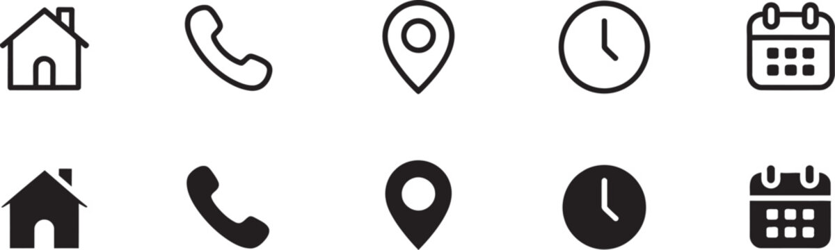 Interface icon set, phone receiver home location pin clock calendar elements, contact navigation scheduling concept, call and visit planning vector illustration