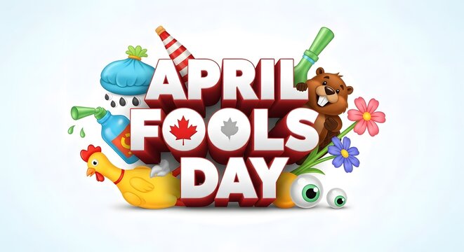April fools day 3d text with funny pranks and canadian symbols