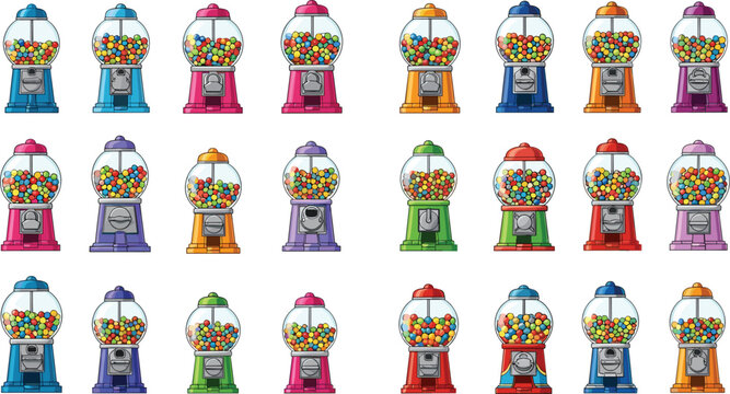 Gumball machines collection with colorful candy dispensers, retro vending machines set for sweets shop design, arcade illustration and playful vector elements