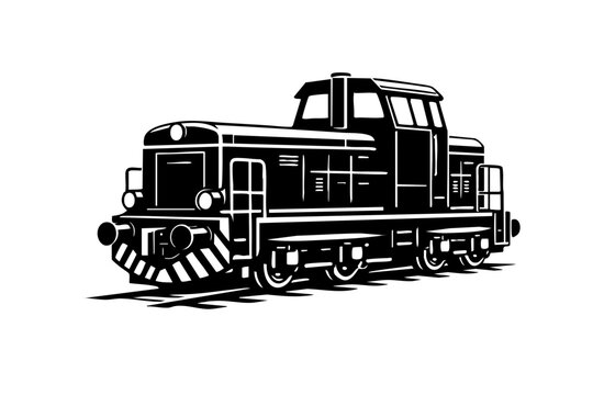 Solid black and white vector illustration of a small industrial diesel switcher locomotive