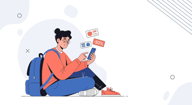 Young man using smartphone with discount coupons, online shopping concept