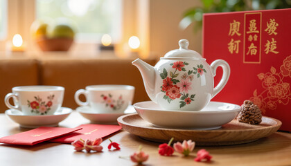 Fototapeta premium Traditional Chinese tea set with red envelopes in elegant living room, Chinese New Year symbolism
