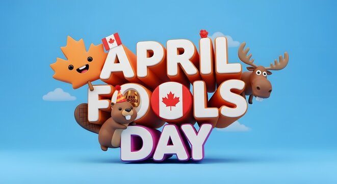 3d canadian april fools day illustration with maple leaf, beaver and moose