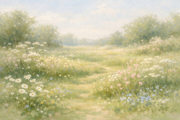 Fototapeta premium Soft pastel meadow landscape with wildflowers in gentle light