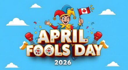 Fototapeta premium April fools day 2026 celebration with a canadian jester and boxing gloves