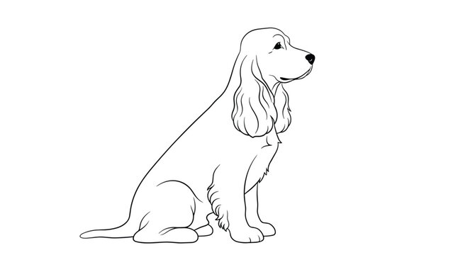 Minimalist simple black and white line drawing of a curly haired cocker spaniel dog sitting and looking to the side.
