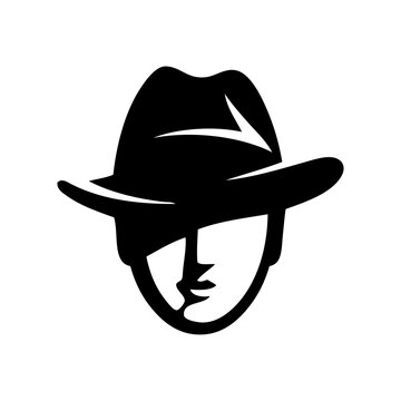 Logo moda de caballero. Dibujo sencillo con la silueta de la cabeza de un hombre con sombrero de fieltro fedora, de frente 