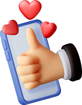 3D Hand showing thumb up with hearts on smartphone
