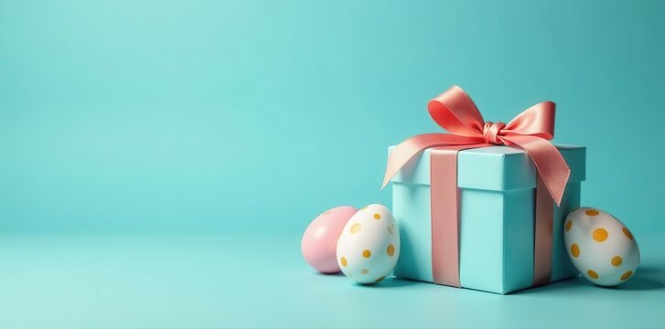 Blue backdrop, gift box, minimal Easter eggs, golden dots , dots, decoration, happy