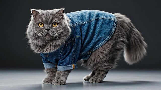 A grumpy overweight gray British Shorthair cat wearing a blue denim jacket standing in a studio with a dark gray background looking towards the camera with orange eyes.