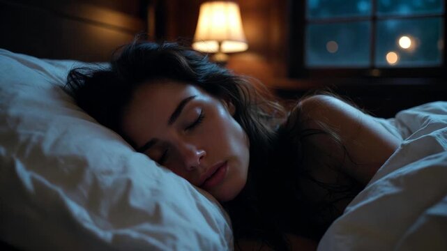 A woman sleeping peacefully in a realistic style on a dim bedroom background, expressing calm rest concept scene