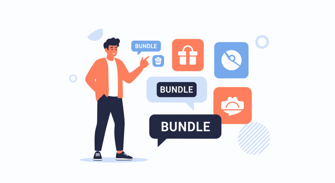 Man presenting bundle offers with icons for discount, digital product, and services
