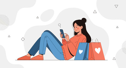 Obraz premium Woman Shopping Online Using Smartphone with Shopping Bags