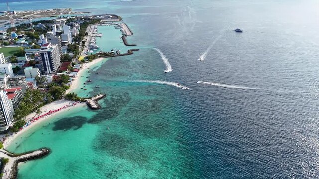 Jet Ski Riding Along Maafushi Coast Maldives Turquoise Water Aerial