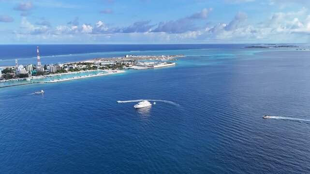 Speedboat Leaving Wake Near Maafushi Island Maldives Aerial Ocean View