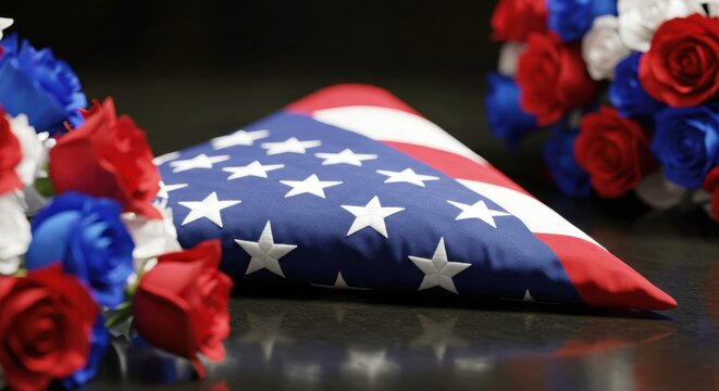 A folded American flag with red, white, and blue roses at a funeral. Memorial tribute for a fallen hero's sacrifice. Concept of honor and remembrance for Veterans Day
