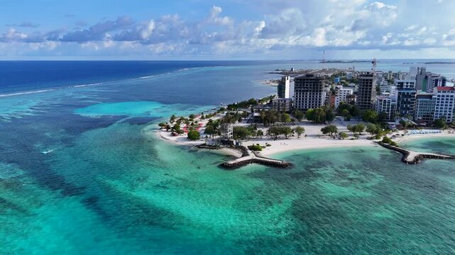 Aerial View of Maafushi Island and Reef Maldives Turquoise Lagoon Coast