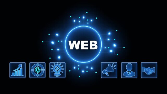 DEB Acronym on Central Circuit Board. Digital Data Neon Circuit Board Concept. Idea, Growth, Target, Marketing, Lock, and Person Icons. Digital Technology Blue Background. 4k Video