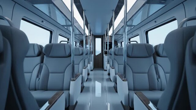 Interior view of an empty modern high-speed train car with rows of grey ergonomic padded seats, sleek chrome vertical handrails, large side windows, and bright overhead lighting.