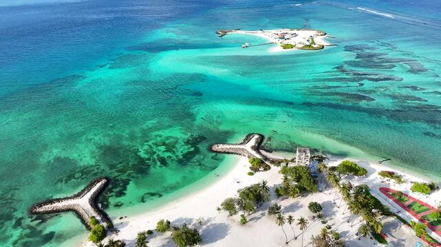 Drone Aerial of Maafushi Reef and Sandbank Maldives Turquoise Lagoon