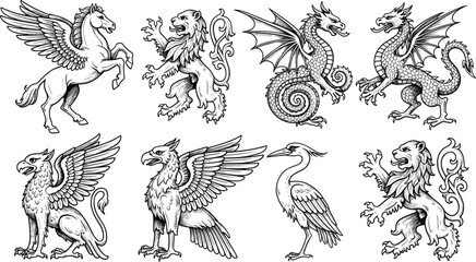 Mythical creatures collection with dragons, griffins, lions and winged beasts, detailed hand drawn vector illustration for fantasy, medieval and heraldic design projects © sumi