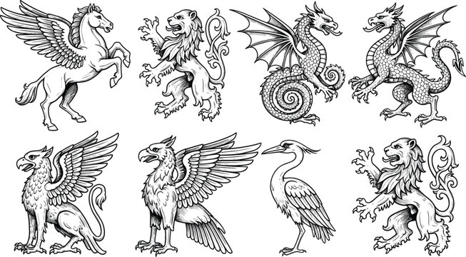Mythical creatures collection with dragons, griffins, lions and winged beasts, detailed hand drawn vector illustration for fantasy, medieval and heraldic design projects