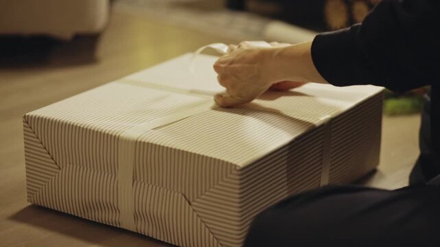 Hands Secure a Ribbon Around a Neatly Wrapped Christmas Present - Close Up