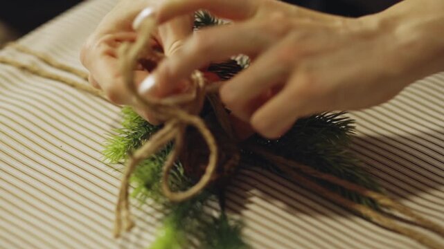 A Person Ties Twine Around a Wrapped Gift, Securing Pinecones and Greenery as a Festive Finishing Touch - Close Up
