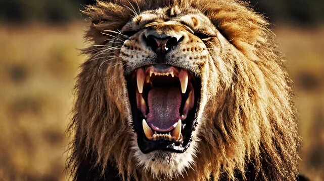 Majestic lion roars in natural habitat displaying powerful fangs