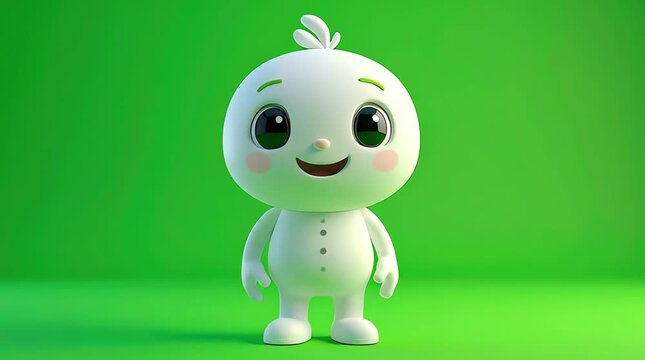 Adorable white cartoon character with big expressive eyes and a sweet smile, standing playfully against a vibrant green background, radiating innocence and cheerfulness