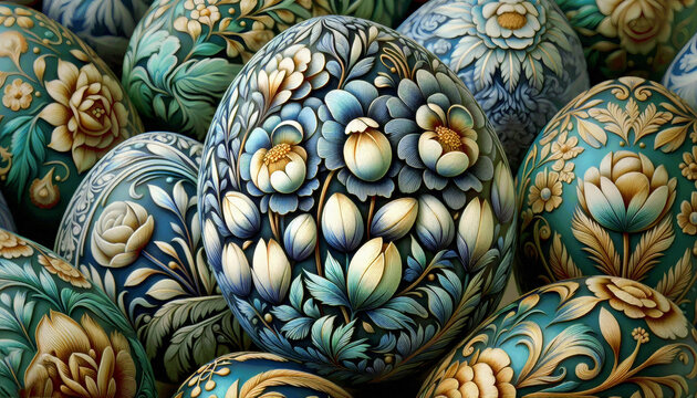 Ornamentale Kunst-Eier mit blauen und goldenen Blumenmotiven