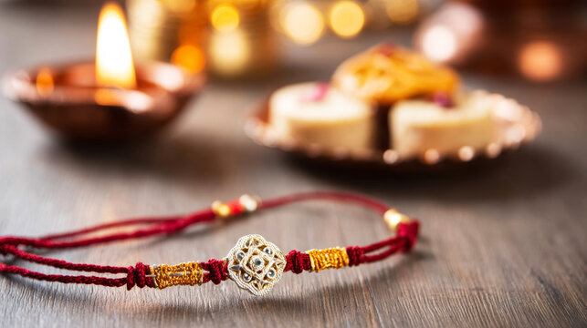 Decorative Rakhi bracelet displaying intricate design, placed on a wooden surface with a lit Diya and mithai