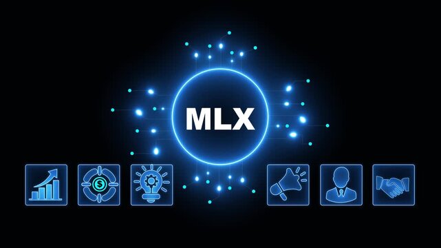MLX Acronym on Central Circuit Board. Digital Data Neon Circuit Board Concept. Idea, Growth, Target, Marketing, Lock, and Person Icons. Digital Technology Blue Background. 4k Video