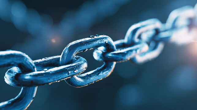 Blue metal chain links showing strength and unity, individual components connecting to form a powerful, unbreakable bond