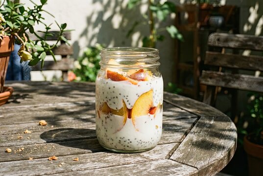 Healthy Skyr with Sliced Peaches and Chia Seeds in a Glass Jar on an Outdoor Patio Table
